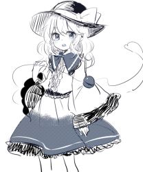 Rule 34 | 1girl, black hat, blouse, buttons, center frills, collared shirt, commentary request, d:, diamond button, eyeball, frilled shirt collar, frilled skirt, frilled sleeves, frills, frown, greyscale, hair between eyes, hat, hat ribbon, heart, heart of string, komeiji koishi, long sleeves, looking at viewer, medium hair, medium skirt, monochrome, mozukuzu (manukedori), open mouth, ribbon, shirt, sidelocks, simple background, sketch, skirt, sleeves past wrists, solo, teeth, third eye, touhou, upper teeth only, wavy hair, white background, wide sleeves, yellow ribbon