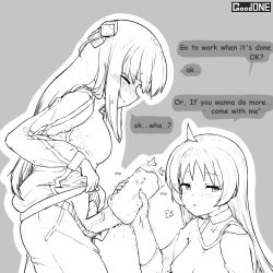 Rule 34 | 2girls, ahoge, artificial vagina, blush, bocchi the rock!, choker, closed mouth, clothes pull, cube hair ornament, erection, from side, futa with female, futanari, gotoh hitori, grey background, greyscale, hair ornament, handjob, highres, ijichi seika, jacket, kenatosne, lifted by self, long hair, long sleeves, looking to the side, monochrome, multiple girls, open mouth, pants, pants pull, penis, sex toy, simple background, track jacket, veins, veiny penis