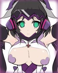 Rule 34 | 1girl, black hair, blush, breasts, breasts out, empty eyes, green eyes, heart pasties, hypnosis, kohinata miku, kuro mushi, large breasts, looking at viewer, mind control, no bra, pasties, senki zesshou symphogear, simple background, solo, sweat, white background