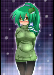 Rule 34 | 1girl, alternate costume, alternate hairstyle, arms behind back, bad id, bad pixiv id, bed, bespectacled, blue-framed eyewear, blush, breasts, brown eyes, casual, contemporary, dress, female focus, frog, glasses, green hair, green shirt, hair ornament, high ponytail, hip focus, honehone, kochiya sanae, large breasts, long hair, looking away, pantyhose, plaid, plaid background, ponytail, ribbed sweater, shirt, side ponytail, snake, solo, standing, sweatdrop, sweater, sweater dress, thigh gap, touhou, turtleneck