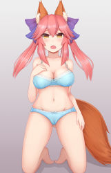 Rule 34 | 10s, absurdres, animal ears, bad id, bad pixiv id, blue bra, blue panties, blue ribbon, bow, bra, breasts, cleavage, collarbone, fang, fate/extra, fate (series), fox ears, fox tail, grey background, groin, hair bow, hand on own chest, highres, large breasts, midriff, navel, open mouth, panties, pink hair, rachione, ribbon, simple background, solo, stomach, tail, tamamo (fate), tamamo no mae (fate/extra), underwear, underwear only, yellow eyes
