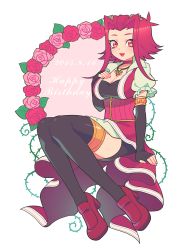 Rule 34 | 1girl, breasts, choker, cleavage, eyes visible through hair, flower, full body, izayoi aki, large breasts, looking at viewer, mommorua, open mouth, puffy short sleeves, puffy sleeves, red eyes, red hair, rose, shoes, short hair, short sleeves, sitting, smile, solo, thighhighs, yu-gi-oh!, yu-gi-oh! 5d&#039;s