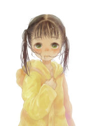 Rule 34 | 1girl, blush, brown hair, child, green eyes, hair in own mouth, hantoumei namako, raincoat, simple background, twintails, white background