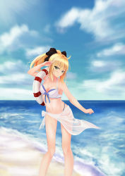Rule 34 | 1girl, absurdres, ahoge, artoria pendragon (fate), beach, bikini, black ribbon, blonde hair, blue sky, blush, breasts, cleavage, cloud, day, fate/stay night, fate (series), front-tie bikini top, front-tie top, green eyes, hair ribbon, hentai kuwa, highres, medium breasts, navel, ocean, outdoors, ponytail, ribbon, saber (fate), saber lily, salute, sarong, sky, smile, solo, swimsuit, water