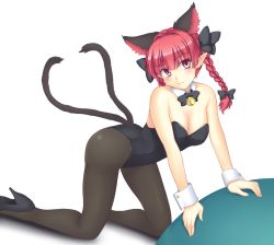 Rule 34 | 1girl, alternate costume, animal ears, bare shoulders, bell, black pantyhose, blush, bow, bowtie, braid, breasts, cat ears, cat tail, cleavage, detached collar, extra ears, hair bow, high heels, isaki (gomi), jingle bell, kaenbyou rin, kittysuit, long hair, looking at viewer, multiple tails, nekomata, nontraditional playboy bunny, pantyhose, pointy ears, red eyes, red hair, simple background, smile, solo, tail, touhou, twin braids, white background, wrist cuffs