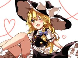 Rule 34 | 1girl, ;d, blonde hair, bloomers, blush, commentary, hat, heart, kirisame marisa, legs, long hair, looking at viewer, one eye closed, open mouth, puffy short sleeves, puffy sleeves, short sleeves, sitting, skirt, smile, solo, touhou, underwear, very long hair, vest, witch hat, yellow eyes, yururi nano