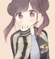 Rule 34 | 1girl, brown background, brown hair, commentary request, double bun, hair bun, highres, idolmaster, idolmaster shiny colors, jacket, long hair, long sleeves, looking at viewer, migirinano, red eyes, short twintails, sleeves past wrists, solo, sonoda chiyoko, sukajan, twintails, upper body