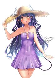 Rule 34 | 1girl, absurdres, alternate costume, black hair, blunt bangs, blush, bracelet, breasts, commentary request, covered navel, cowboy shot, demon girl, demon horns, demon tail, dress, hand on headwear, hat, highres, horns, horns through headwear, jewelry, kojo anna, long hair, looking at viewer, medium bangs, medium breasts, multicolored hair, nanashi inc., open mouth, pointy ears, purple dress, purple hair, robou no stone, simple background, sleeveless, sleeveless dress, smile, solo, straw hat, sun hat, tail, transparent background, twintails, two-tone hair, virtual youtuber, yellow eyes