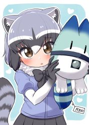 Rule 34 | 1girl, animal ears, black bow, black bowtie, black skirt, blue hair, blue one-piece swimsuit, blush, bow, bowtie, brown eyes, character doll, commentary request, common raccoon (kemono friends), cowboy shot, elbow gloves, extra ears, fur collar, gloves, grey hair, highres, kemono friends, looking at viewer, lucky beast (kemono friends), multicolored hair, ngetyan, one-piece swimsuit, pleated skirt, price tag, puffy short sleeves, puffy sleeves, raccoon ears, raccoon girl, raccoon tail, short hair, short sleeves, skirt, solo, stuffed toy, swimsuit, tail, white hair