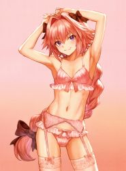 Rule 34 | 1boy, abs, absurdres, armpits, arms behind head, arms up, astolfo (fate), black bow, blush, bow, bow panties, bra, braid, bulge, closed mouth, collarbone, crossdressing, fang, fang out, fate/apocrypha, fate (series), frills, garter belt, gradient background, hair between eyes, hair bow, hair intakes, highres, hip focus, lace, long braid, long hair, looking at viewer, male focus, mashuu (neko no oyashiro), multicolored hair, navel, panties, pink bra, pink hair, pink panties, purple eyes, scan, signature, single braid, skin fang, smile, solo, streaked hair, thighs, trap, twitter username, underwear, underwear only, very long hair