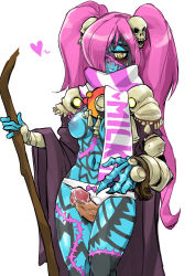 Rule 34 | 1girl, blue skin, blush, bow, bow panties, breasts, cloak, code of princess, colored skin, colorized, dark nipples, disembodied penis, greyface, grinding, hair ornament, hair over one eye, lady zozo, long hair, navel, nipples, panties, penis, pink hair, precum, scar, scarf, skull hair ornament, solo, solo focus, stitches, tattoo, thigh sex, twintails, uncensored, underwear, white panties, yellow eyes