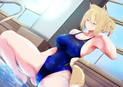 Rule 34 | 1girl, absurdres, animal ears, blonde hair, blue one-piece swimsuit, breasts, commentary request, competition swimsuit, dutch angle, closed eyes, fox ears, fox girl, fox tail, highleg, highleg swimsuit, highres, large breasts, long hair, one-piece swimsuit, original, ponytail, sitting, soaking feet, solo, swimsuit, tail, yukusasu