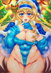 Rule 34 | 1girl, blonde hair, blue eyes, blush, breasts, cecilia alcott, christmas, cleavage cutout, clothing cutout, come hither, drill hair, hat, highres, in heat, infinite stratos, large breasts, legs, leotard, long hair, looking at viewer, open mouth, santa hat, smile, solo, teasing, thick thighs, thighs, thong, traditional media, wide hips