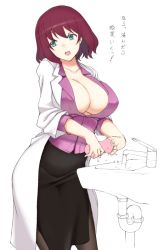 Rule 34 | 1girl, artificial vagina, breasts, cleavage, green eyes, lab coat, large breasts, nakadori (movgnsk), pantyhose, red hair, school nurse, sex toy, short hair, sink, solo, translated, washing, water, white background