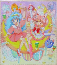 Rule 34 | 1990s (style), 2girls, arm up, bishoujo senshi sailor moon, blue eyes, blue hair, bobby socks, boots, bow, brooch, cat, chibi usa, choker, cone hair bun, crescent, crescent earrings, crescent moon, crystal carillon, double bun, dress, earrings, full body, gera gera (persia), gloves, hair bun, hair ornament, hairband, hairpin, hayami persia, heart, heart brooch, jewelry, knee boots, long hair, luna-p, luna (sailor moon), magical girl, mahou no yousei persia, mary janes, meso meso (persia), mikiky, moon, multicolored clothes, multicolored skirt, multiple girls, persia (mahou no yousei persia), pink dress, pink footwear, pink hair, pink skirt, puri puri (persia), red eyes, retro artstyle, ribbon, sailor chibi moon, sailor collar, shikishi, shoes, short hair, simba (persia), skirt, sleeves rolled up, smile, socks, sparkle, star (symbol), super sailor chibi moon, tiara, traditional media, twintails, wand, white gloves