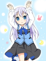 Rule 34 | 1girl, :o, akarunto kenkou shimashita, arms up, bad id, bad pixiv id, black skirt, blue background, blue bow, blue bowtie, blue eyes, blue footwear, blue vest, blush, bow, bowtie, buttons, collared shirt, comic, commentary request, crescent, flat chest, flower, gochuumon wa usagi desu ka?, hair ornament, hairclip, kafuu chino, kneehighs, light purple hair, loafers, long hair, long sleeves, looking at viewer, open mouth, outline, rabbit house uniform, rabbit pose, shirt, shoes, sidelocks, skirt, socks, solo, sparkle, standing, standing on one leg, star (symbol), vest, white outline, white shirt, white socks, wing collar, x hair ornament