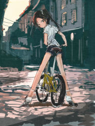 Rule 34 | 1girl, absurdres, alternate costume, bicycle, black hair, blush, building, city, denim, denim shorts, francesca lucchini, green eyes, hair ribbon, highres, kabuyama kaigi, long hair, looking at viewer, looking back, ribbon, road, short shorts, shorts, sketch, solo, street, strike witches, texture, twintails, world witches series