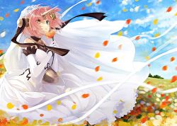 Rule 34 | 1girl, black ribbon, blue eyes, blue sky, bridal veil, day, detached sleeves, dress, fate/apocrypha, fate (series), field, flower, flower field, frankenstein&#039;s monster (fate), gloves, hair flower, hair ornament, head wreath, heterochromia, holding, holding flower, horns, long dress, long sleeves, looking up, orange flower, outdoors, parted lips, petals, ribbon, rose, single horn, sky, sleeveless, sleeveless dress, solo, veil, wedding dress, white dress, white flower, white gloves, white rose, white sleeves, yashiro seika, yellow eyes