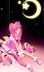 Rule 34 | 1girl, ahoge, back bow, blunt bangs, bow, choker, commentary, crescent moon, cure star, dress, earrings, hair ornament, hairband, high heels, highres, hoop earrings, hoshina hikaru, jewelry, long hair, looking at viewer, magical girl, melonplus, moon, pink dress, pink eyes, pink hair, planet hair ornament, precure, single thighhigh, sitting, smile, solo, star (symbol), star hair ornament, star twinkle precure, thighhighs, twintails, very long hair, wrist cuffs