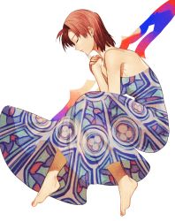 Rule 34 | 1girl, bad id, bad pixiv id, barefoot, bazett fraga mcremitz, brown hair, command spell, dress, fate/hollow ataraxia, fate (series), highres, naoko (juvenile), purple hair, short hair, simple background, solo, stained glass, trefoil, unmoving pattern