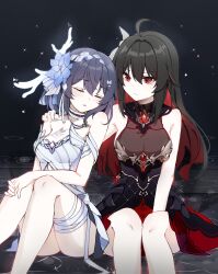 Rule 34 | 2girls, absurdres, ahoge, bare legs, bare shoulders, black dress, black hair, breasts, chest tattoo, closed eyes, closed mouth, colored inner hair, commentary, dress, english commentary, flower, hair between eyes, hair flower, hair ornament, hand on another&#039;s shoulder, hand on own knee, highres, honkai (series), honkai impact 3rd, kaya (tyhk7874), long hair, medium breasts, multicolored hair, multiple girls, parted lips, red eyes, red hair, seele (alter ego), seele vollerei, seele vollerei (herrscher of rebirth), seele vollerei (starchasm nyx), sitting, sleeping, tattoo, upper body, white dress, white headwear, yuri