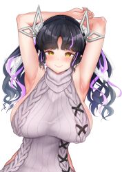 Rule 34 | 1girl, absurdres, alternate breast size, aran sweater, armpits, arms up, black hair, blush, breasts, cable knit, closed mouth, commentary request, demon girl, demon horns, dress, hair ribbon, halterneck, highres, horns, huge breasts, kojo anna, kojo anna (3rd costume), long hair, looking at viewer, meme attire, multicolored hair, nanashi inc., official alternate costume, pointy ears, purple hair, ribbed sweater, ribbon, robou no stone, sideboob, simple background, smile, solo, sweater, sweater dress, transparent background, turtleneck, turtleneck sweater, twintails, two-tone hair, upper body, virgin killer sweater, virtual youtuber, white ribbon, yellow eyes