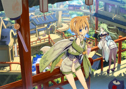Rule 34 | 5girls, :d, animal ear fluff, animal ears, architecture, bent over, blue eyes, brown hair, building, east asian architecture, fox ears, fox tail, from above, green hair, long hair, looking at viewer, miyuki (poko), multiple girls, open mouth, original, poco (asahi age), red eyes, shiratama kitsune, short hair, smile, tail, two side up, wind chime