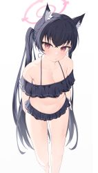 Rule 34 | 1girl, absurdres, animal ears, bare shoulders, bikini, black bikini, black hair, blue archive, blush, breasts, cat ears, cleavage, frilled bikini, frills, halo, highres, looking at viewer, nonddu, off-shoulder bikini, off shoulder, purple eyes, serika (blue archive), simple background, solo, swimsuit, twintails, white background