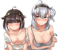 Rule 34 | 2girls, ahoge, arms under breasts, black hair, blue eyes, blush, breasts, cleavage, clothes writing, collarbone, commentary request, downblouse, green eyes, grey shirt, hatsuzuki (kancolle), headband, highres, kantai collection, kiritto, large breasts, leaning forward, looking at another, medium breasts, multiple girls, nightgown, no bra, off shoulder, one side up, shirt, short hair, silver hair, simple background, singlet, strap slip, suzutsuki (kancolle), twintails, upper body, white background, white nightgown