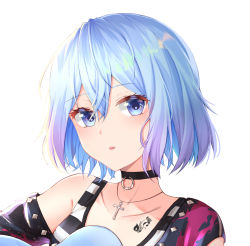 Rule 34 | 1girl, blue eyes, blue hair, blush, choker, close-up, collarbone, cross, cross necklace, guitar, highres, holding, holding instrument, instrument, jewelry, looking at viewer, necklace, original, parted lips, short hair, simple background, solo, tattoo, upper body, white background, yeoru