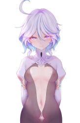 Rule 34 | 1girl, ahoge, arms behind back, blue hair, blush, breasts, closed mouth, commentary request, dated commentary, furina (genshin impact), genshin impact, hair between eyes, highres, long hair, looking at viewer, medium breasts, multicolored hair, navel, nikuku (kazedesune), nipples, purple eyes, see-through, simple background, smile, solo, tears, two-tone hair, white background, white hair