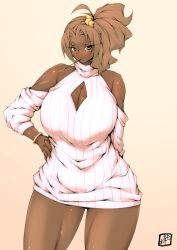 Rule 34 | 1girl, bare shoulders, breasts, brown eyes, brown hair, cleavage, cleavage cutout, clothing cutout, curvy, dark skin, dark-skinned female, donson, female focus, food, hand on own hip, huge breasts, long hair, looking at viewer, pocky, solo, standing, thick eyebrows, wide hips