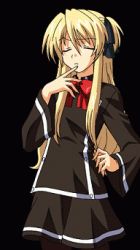 Rule 34 | 1girl, animated, animated gif, black background, black pantyhose, blonde hair, blush, covering privates, covering breasts, cowboy shot, embarrassed, game cg, long hair, lowres, pantyhose, quiz magic academy, school uniform, serafuku, shalon, simple background, solo, tsundere, twintails, two side up
