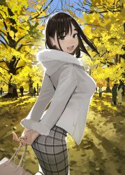 Rule 34 | 1girl, :d, autumn, bag, blush, brown eyes, brown hair, commentary request, fingernails, fur-trimmed jacket, fur trim, ganbare douki-chan, ginkgo tree, grey skirt, highres, holding, holding bag, jacket, kouhai-chan (douki-chan), long sleeves, looking at viewer, nail polish, open mouth, outdoors, plaid, plaid skirt, short hair, skirt, smile, solo focus, teeth, tree, upper teeth only, white jacket, yellow nails, yellow theme, yomu (sgt epper)