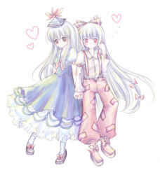 Rule 34 | 2girls, blue hair, bow, bowtie, female focus, fujiwara no mokou, full body, grey hair, holding hands, interlocked fingers, kamishirasawa keine, loafers, long hair, looking at viewer, miyoshi, multiple girls, pants, red bow, red bowtie, red eyes, shoes, simple background, standing, suspenders, touhou, very long hair, white background, yuri