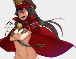 Rule 34 | 1girl, :d, bad id, bad pixiv id, black hair, breasts, cape, cleavage, crossed arms, fate/grand order, fate (series), gloves, groin, hat, koha-ace, kurowa, long hair, naked cape, navel, no bra, no panties, nude, oda nobunaga (fate), oda nobunaga (koha-ace), open mouth, out-of-frame censoring, red eyes, shako cap, simple background, smile, solo, teeth, tongue