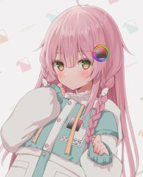 Rule 34 | 1girl, ahoge, aqua jacket, blush, braid, buttons, color wheel, commentary request, cropped, green eyes, hair between eyes, hand up, hood, hood down, hooded jacket, jacket, long hair, long sleeves, looking at viewer, multicolored clothes, multicolored jacket, nufucha, original, pinching sleeves, pink hair, sidelocks, sleeves past wrists, solo, straight hair, twin braids, two-tone jacket, upper body, white jacket, wing hair ornament