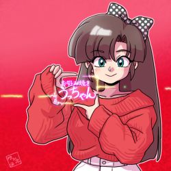 Rule 34 | 1girl, black hair, blue eyes, bow, finger frame, hair bow, kuonji ukyou, long hair, long sleeves, looking at viewer, polka dot, polka dot bow, ranma 1/2, red background, red sweater, sleeves past wrists, smile, solo, sweater, upper body, wanta (futoshi)