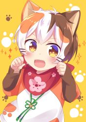 Rule 34 | 1boy, :3, animal ears, bandana, blush, brown eyes, brown hair, calico, cat boy, cat ears, child, fangs, indie virtual youtuber, male focus, multicolored hair, open mouth, orange hair, paw-shaped pupils, paw pose, red bandana, scarf, scarf over mouth, shiromaru4625, solo, symbol-shaped pupils, tatamaru (vtuber), virtual youtuber, white hair, yellow background
