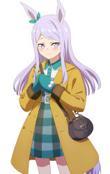 Rule 34 | 1girl, animal ears, bag, blush, bow, coat, commentary request, cowboy shot, dress, ear ribbon, green ribbon, handbag, highres, horse ears, horse girl, horse tail, light purple hair, looking at viewer, mejiro mcqueen (umamusume), mittens, open clothes, open coat, own hands together, pom pom (clothes), purple eyes, ribbon, sabamen, simple background, solo, swept bangs, tail, umamusume, white background