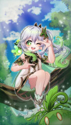 1girl ;d absurdres bare_shoulders bloomers blue_sky cape cloud commentary_request day detached_sleeves dress finger_frame full_body genshin_impact gold_trim gradient_hair green_cape green_eyes green_hair green_sleeves hair_between_eyes hair_ornament hand_up highres leaf_hair_ornament looking_at_viewer mochimugi_(mcmg_kk_snkn) multicolored_hair nahida_(genshin_impact) one_eye_closed open_mouth outdoors partial_commentary seelie_(genshin_impact) sitting sitting_on_branch sky sleeveless sleeveless_dress slime_(genshin_impact) smile star-shaped_pupils star_(symbol) stirrup_legwear sunlight symbol-shaped_pupils teeth toeless_legwear underwear upper_teeth_only white_bloomers white_dress white_hair