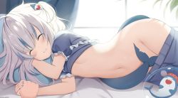 Rule 34 | 1girl, ahoge, bed, bloop (gawr gura), blue hair, blue nails, blue shirt, blush, breasts, chintora0201, closed eyes, closed mouth, clothes pull, cowboy shot, curtains, facing viewer, fins, fish tail, gawr gura, groin, hair ornament, highres, holding hands, hololive, hololive english, indoors, long hair, lying, multicolored hair, nail polish, navel, on bed, on side, pov, pov hands, saliva, shark hair ornament, shark tail, shirt, short sleeves, shorts, shorts pull, silver hair, sleeping, sleeping face, small breasts, stomach, streaked hair, tail, tail censor, two side up, virtual youtuber, window