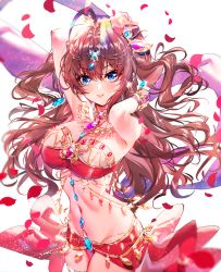Rule 34 | 1girl, absurdres, arm up, baocaizi, bare shoulders, blue eyes, breasts, bridal gauntlets, brown hair, cleavage, commentary request, cowboy shot, hair between eyes, hand up, highres, ichinose shiki, idolmaster, idolmaster cinderella girls, jewelry, long hair, looking at viewer, medium breasts, navel, parted lips, petals, red skirt, skirt, solo, standing, very long hair, white background