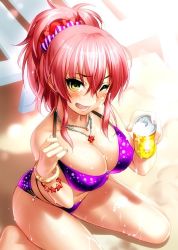 Rule 34 | 10s, 1girl, ;d, beach, bikini, blush, bracelet, breasts, can, chair, cleavage, drink can, from above, hair between eyes, hair ornament, hair scrunchie, idolmaster, idolmaster cinderella girls, jewelry, jougasaki mika, large breasts, lounge chair, multi-strapped bikini bottom, nail polish, necklace, one eye closed, open mouth, outdoors, pink hair, ponytail, purple bikini, sand, scrunchie, smile, soda can, solo, striped clothes, striped scrunchie, sunlight, swimsuit, wet, yellow eyes, zen