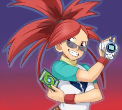 Rule 34 | 1girl, belt, card, cosplay, creatures (company), digimon, digivice, flannery (pokemon), game freak, glasses, gradient background, gym leader, makino ruki, makino ruki (cosplay), nintendo, pokemon, pokemon rse, ponytail, red eyes, red hair, smile, someguy944, v-shaped eyebrows, wristband