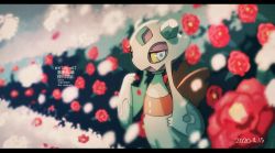 Rule 34 | blue eyes, blurry, colored sclera, commentary request, creatures (company), dated, flower, froslass, game freak, gen 4 pokemon, hand up, highres, nintendo, no humans, pokemon, pokemon (creature), red flower, sideways glance, solo, watermark, yellow sclera, yukifuri tsuyu