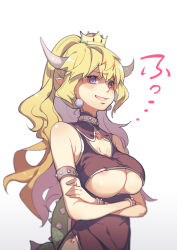 Rule 34 | 1girl, absurdres, alternate costume, armlet, bare shoulders, black dress, blonde hair, blue eyes, bowsette, bracelet, breasts, china dress, chinese clothes, clothing cutout, collar, covered erect nipples, crossed arms, crown, dress, earrings, grin, highres, horns, jewelry, large breasts, looking at viewer, mario (series), new super mario bros. u deluxe, nintendo, nipple slip, nipples, no bra, pointy ears, ponytail, rakuichi, smile, solo, spiked bracelet, spiked collar, spikes, super crown, tail, turtle shell, underboob, underboob cutout, upper body, white background
