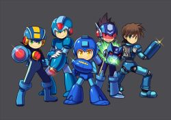 Rule 34 | 5boys, :d, aiming, aiming at viewer, alternate eye color, android, arm cannon, bodysuit, brown eyes, brown hair, capcom, clenched hand, frown, full body, geo stelar (mega man), glowing, glowing weapon, green eyes, grey background, helmet, looking at viewer, looking back, male focus, mega man (character), mega man (classic), mega man (series), mega man battle network, mega man battle network (series), mega man legends (series), mega man star force, mega man volnutt, mega man x (series), megaman.exe, multiple boys, multiple persona, nintendo, open mouth, outstretched arm, round teeth, serious, short hair, simple background, smile, standing, super smash bros., teeth, visor, weapon, wusagi2, x (mega man), yellow eyes