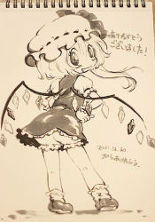 Rule 34 | 10s, 1girl, 2011, bloomers, dated, fang, flandre scarlet, hands on own hips, hat, karaagetarou, looking back, monochrome, photo (medium), puffy sleeves, short hair, side ponytail, signature, sketch, smile, socks, touhou, traditional media, underwear, wings, wrist cuffs