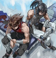 Rule 34 | 2boys, brown hair, character request, closed mouth, fishnet pantyhose, fishnets, indesign, male focus, multiple boys, ninja, pantyhose, short hair, sitting, strider (video game), strider hien, strider hiryuu